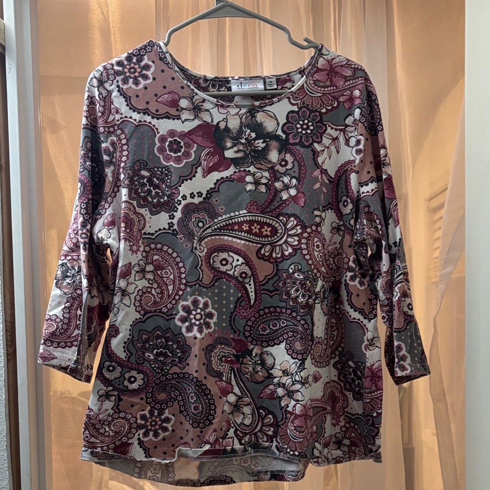 Red and Gray Paisley Blouse with 3/4 Sleeves